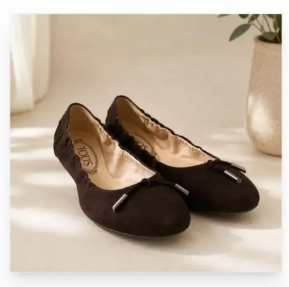 Tod's Shoes Womens Size 8.5 Brown Suede Ballet Flats Bow Non Slip Sole Casual