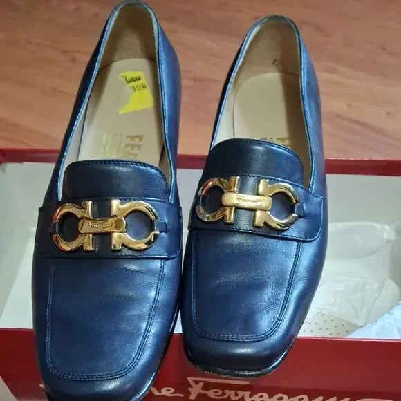 Salvatore Ferragamo Navy Leather Loafers with Gold Accent