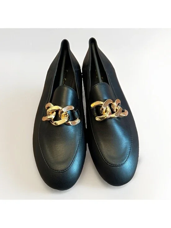 New EasySmile Metal Chain Black Loafers Flats Shoes Ladies Size 6
