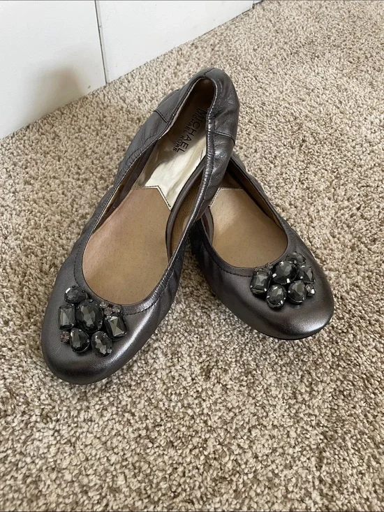 MICHAEL Michael Kors Metallic Gunmetal Jeweled Ballet Flats