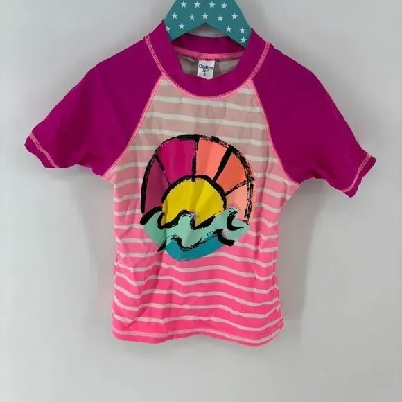 OshKosh B'gosh Kid's Red Pink Striped Ocean Print Swim Shirt Top Size 8
