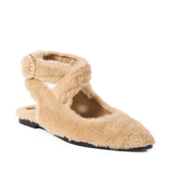 Free People Faux Fur Shearling Parisa Pointed Fuzzy Flats Almond Butter 8.5 NWT