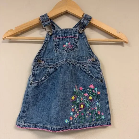Osh Kosh Denim Jean Overall Dress Girls 12 Months Blue Floral Embroidery Summer