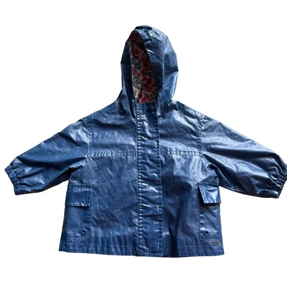 OshKosh Raincoat Girls 12M Blue Metallic Floral Lined Hooded Rain Jacket‎