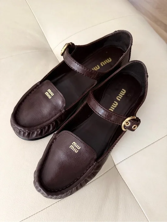 Miu Miu Dark Brown Leather Mary Jane Loafers with Gold Buckle