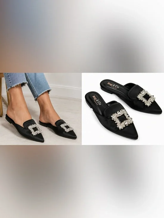 Rag & Co Black Satin Pointed Toe Rhinestone Buckle Mule Flats Women's Slip-On Sh