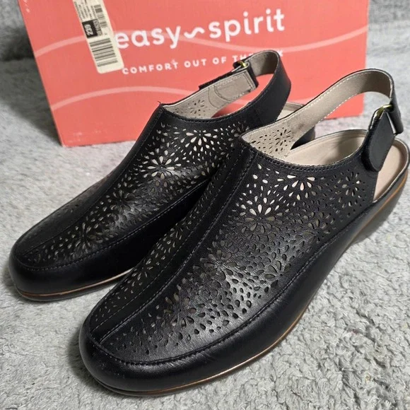Easy Spirit Black Leather Laser Cut Slingback Wedge Mules Shoes Women's 9M‎ NEW