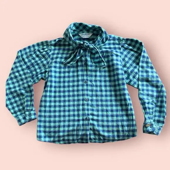 Vtg OshKosh B'Gosh Plaid Flannel Top Shirt Teal Girls Sz 12/14 Large Ascot Blue