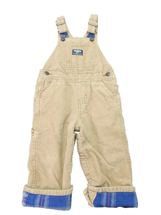 OshKosh B'Gosh Toddler Corduroy Overalls Size 18M Tan Plaid Lined Vestbak