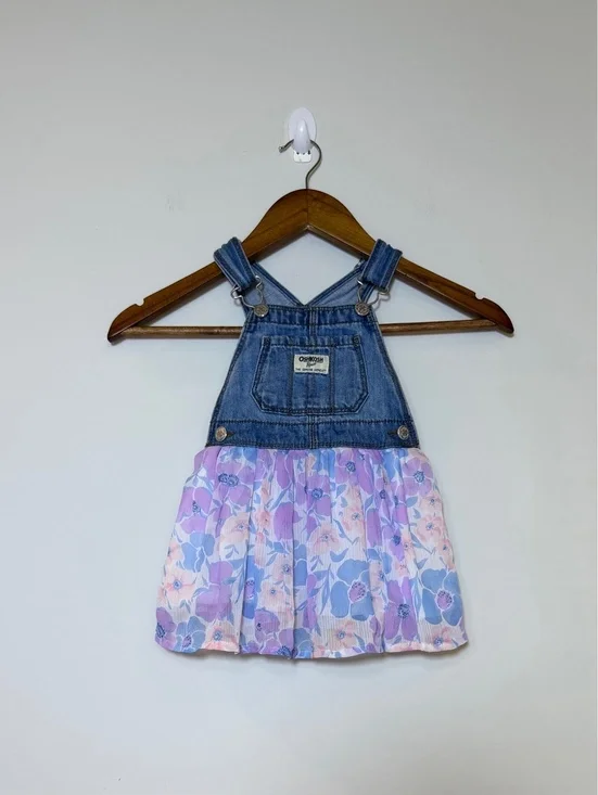OshKosh B’gosh 2T Denim Floral Overall Dress Pink Blue Toddler Jumper