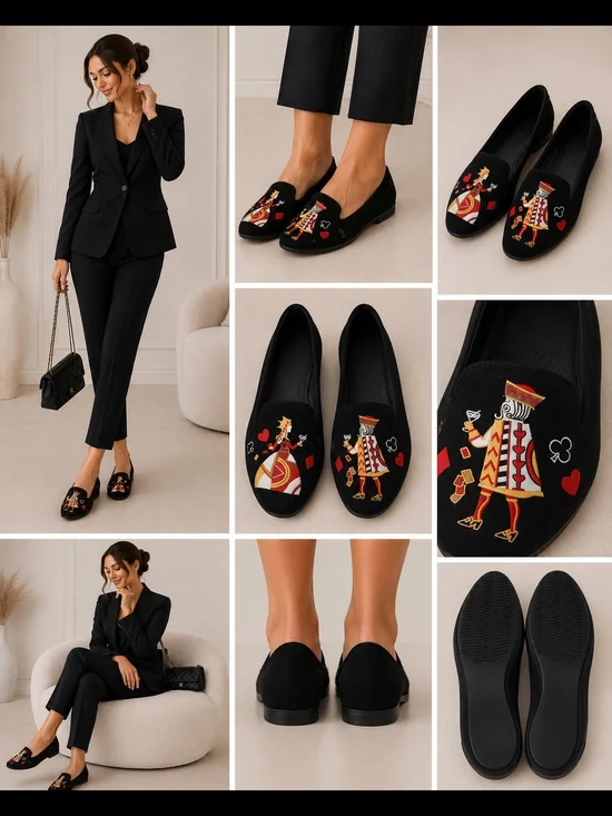 J.Renee Black Velvet Loafers with Colorful Playing Card Embroidery