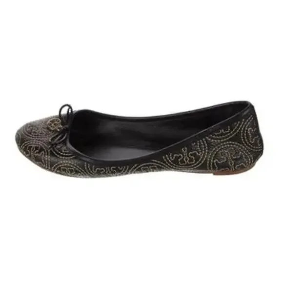 Tory Burch Leather Printed Ballet Flats Floral Logo Reva Classic Shoes Women 6.5
