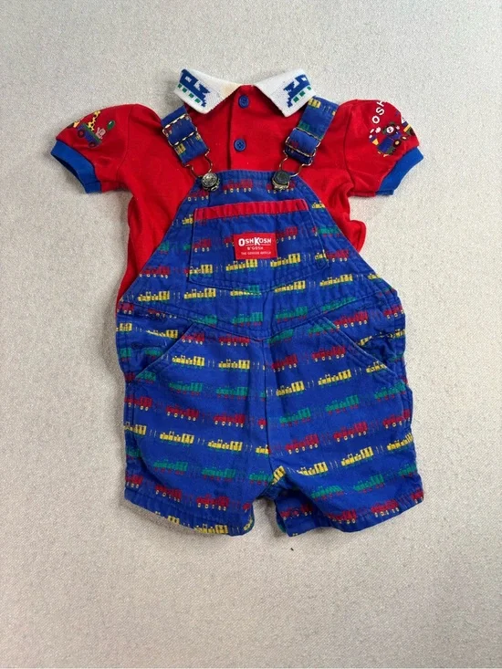 Vintage OshKosh B’Gosh Baby Train Shortall Outfit Set USA Red Blue 6-9 Months