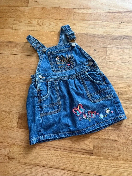 Vintage Denim Embroidered Butterfly Overall Dress for Kids - Blue