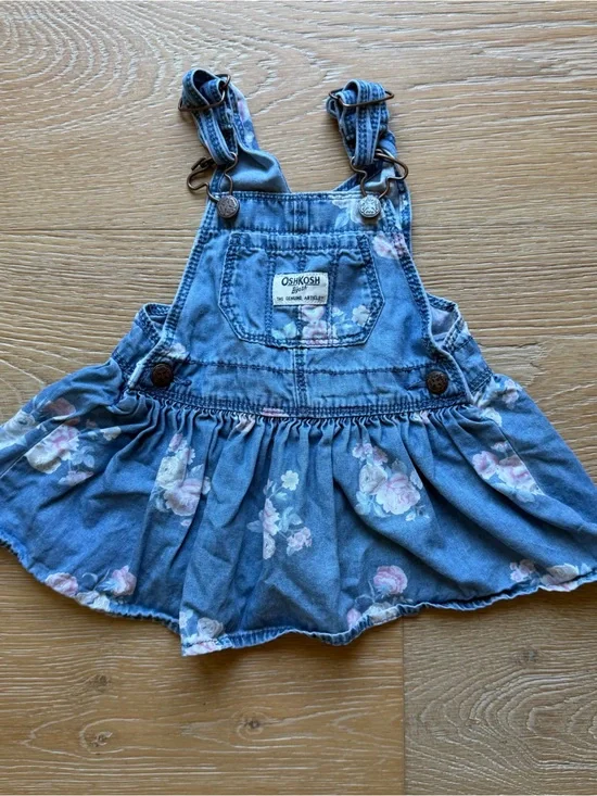 OshKosh B'gosh Denim Floral Overall Dress - Blue with Pink Flowers
