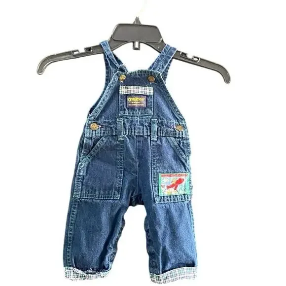 Vintage OshKosh B’Gosh USA Plaid Teddy Bear Corps Denim Vestbak Overalls Size 6M