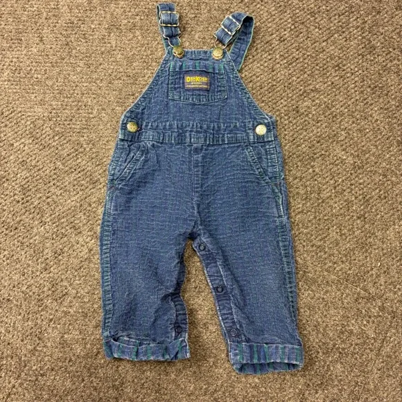 Vtg OshKosh Bgosh Vestbak Overalls 12M Blue Denim Green Dash Made in USA
