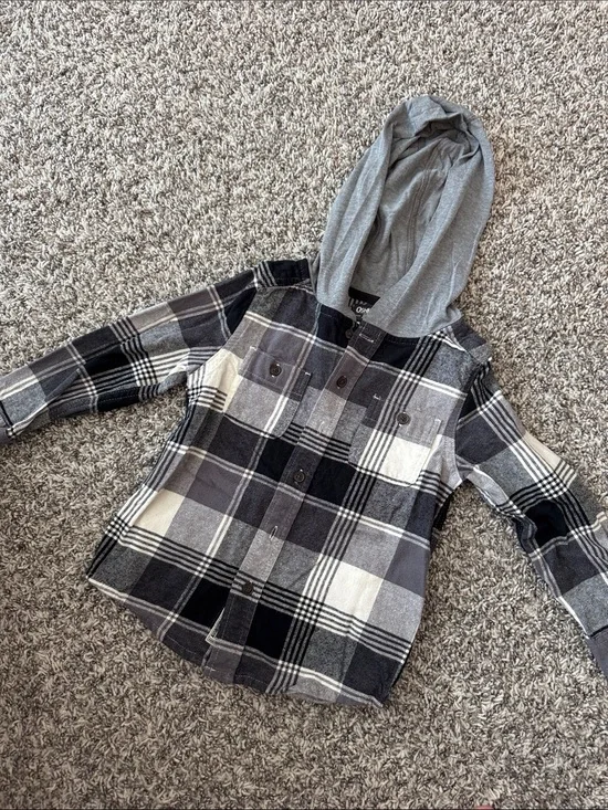 OshKosh B'gosh Black Gray Plaid Button-Down Hoodie Shirt
