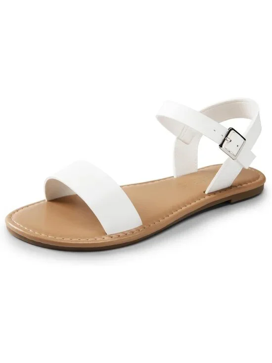 Women's White Pu Flat Sandals Open Toe Ankle Strap Faux Leather Non Slip Shoes