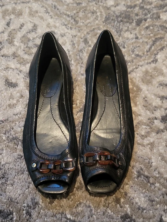 Bandolino Black Peep-Toe Flats with Brown Chain Accent