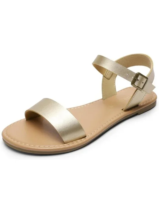 Women's Gold Flat Sandals Open Toe Ankle Strap Faux Leather Non Slip Shoes