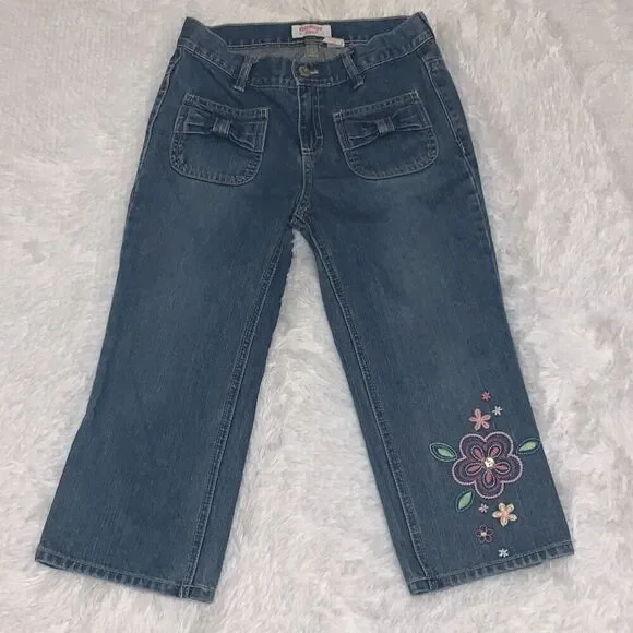 Vintage OSHKOSH Floral Embroidered Denim Jeans Girl12 Blue‎ Cropped