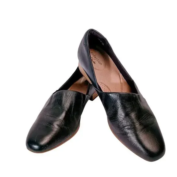 Clarks Juliet Palm Navy Faux Leather Shoes Cushion Block Heel Flats/Loafers  8.5