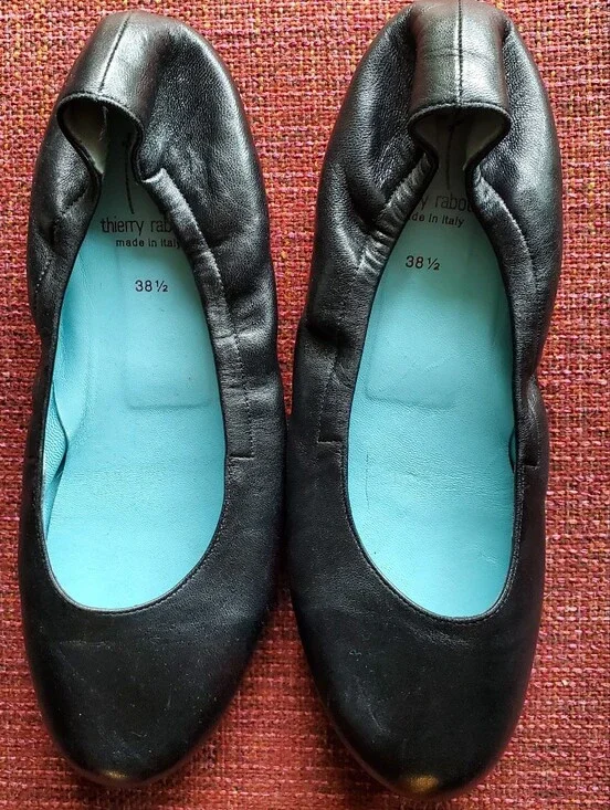 Thierry Rabotin Black Leather Ballet Flats with Turquoise Insole