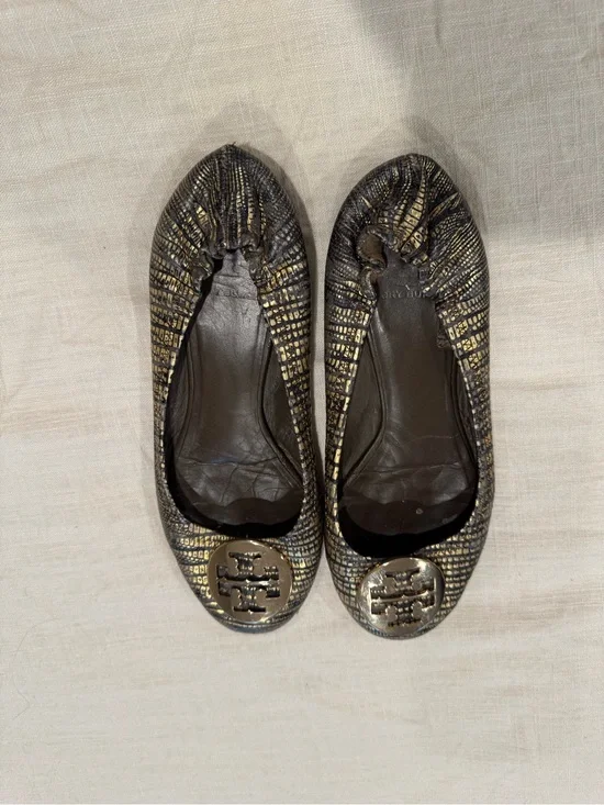 Tory Burch Metallic Gold and Black Textured Ballet Flats