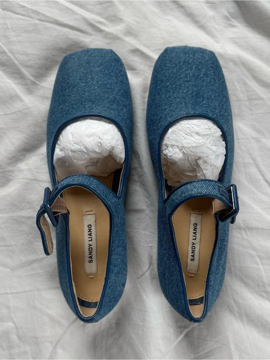 Sandy Liang Denim Mary Jane Flats in Blue Denim