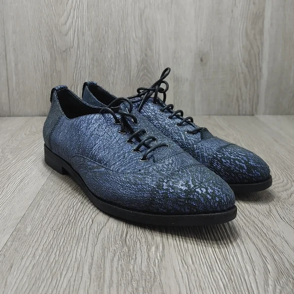 Blacksheep Empire‎ Lace Up Oxford Flats Shoes Blue Black Textured Leather 36