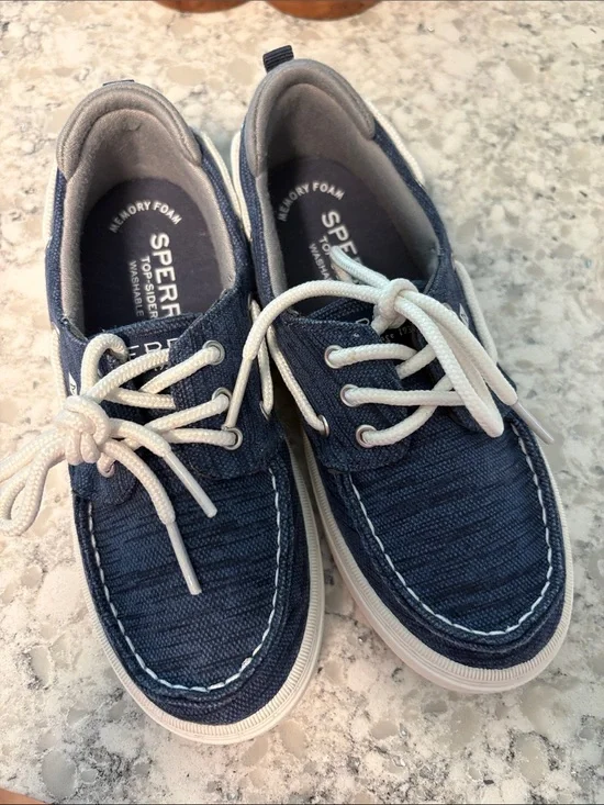Boys Sperry Navy Canvas Memory Foam Boat Shoes with White Laces