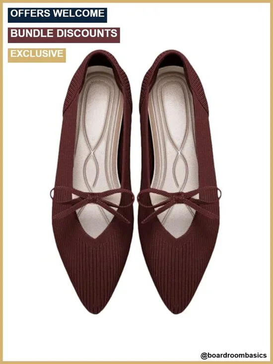Women's Pointed Toe Knit Ballet Flats with Bow Cushioned Insole Washable