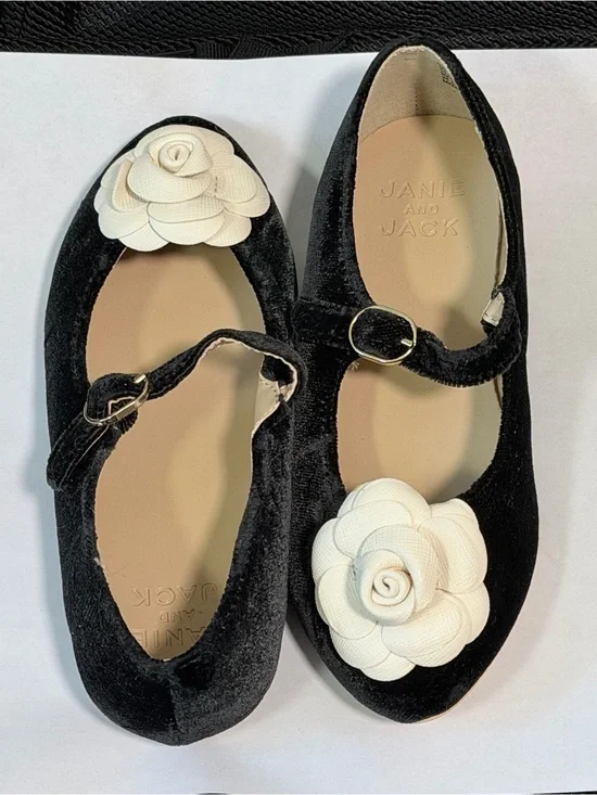 Janie and Jack Black Velvet Rosette Ballet Flats with White Floral Accent