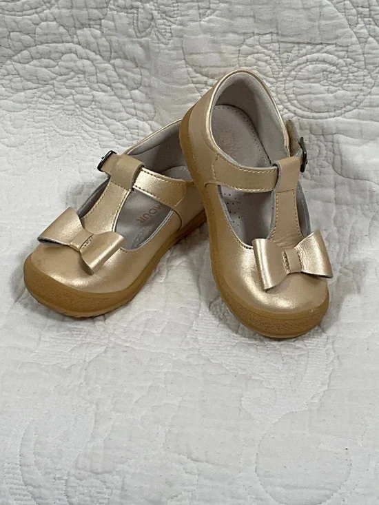 L'Amour Metallic Gold Bow T-Strap Girls Dress Shoes