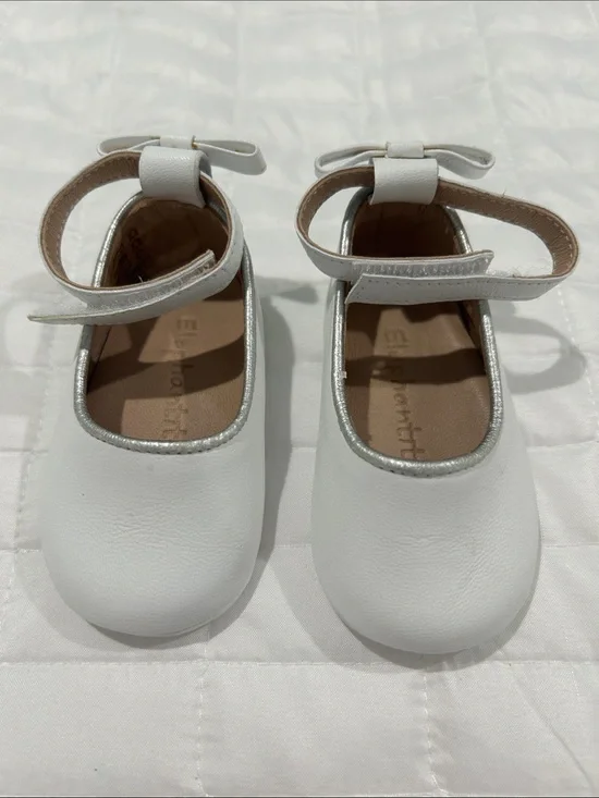 Elephantito White Mary Jane Shoes with Silver Trim
