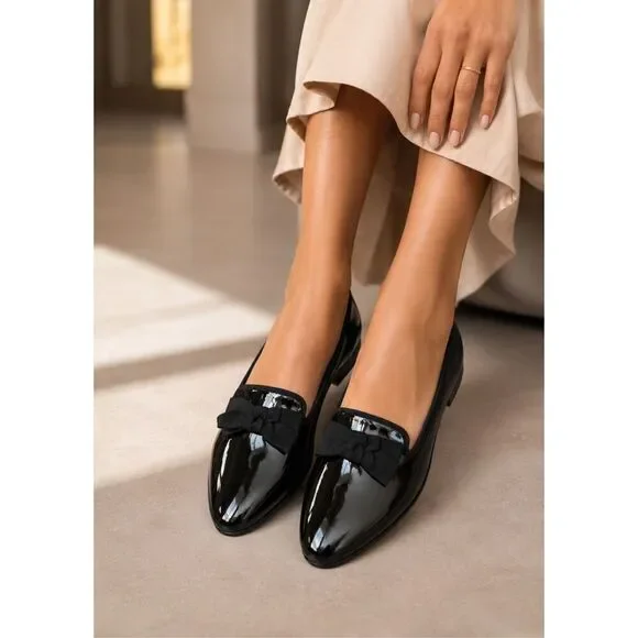 Jack Rogers Ginny Black Patent Leather Bow Loafers | Quiet Luxury Ballet Academi