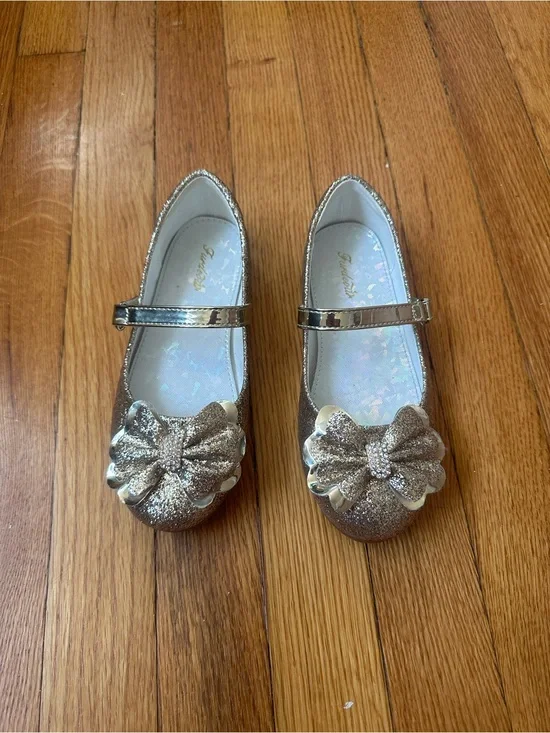 Girls Glitter Mary Jane Flats with Bow - Gold