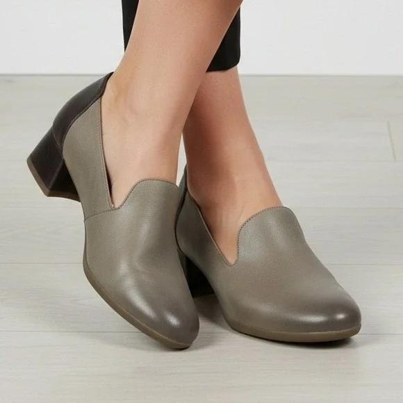 Dansko Preston Heeled Loafers Stone Nubuck‎ & Black Leather Comfort EU 37 US 7