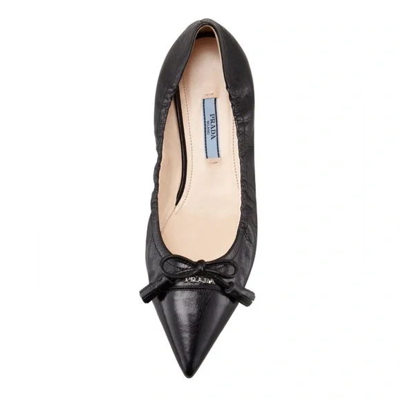 Prada Black Leather Cap toe logo embellish bow tie stretch ballerina flats EU 38