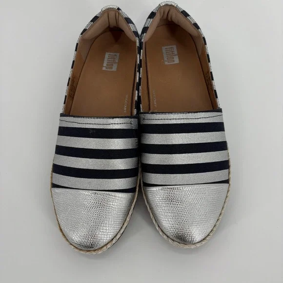FitFlop Espadrille Shoes Women 7 Blue Silver Dahlia Metallic Stripe