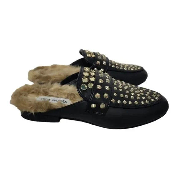 STEVE MADDEN Flat Size 5.5 M Leather Lining‎ Faux Fur Sock Studded Black Gold