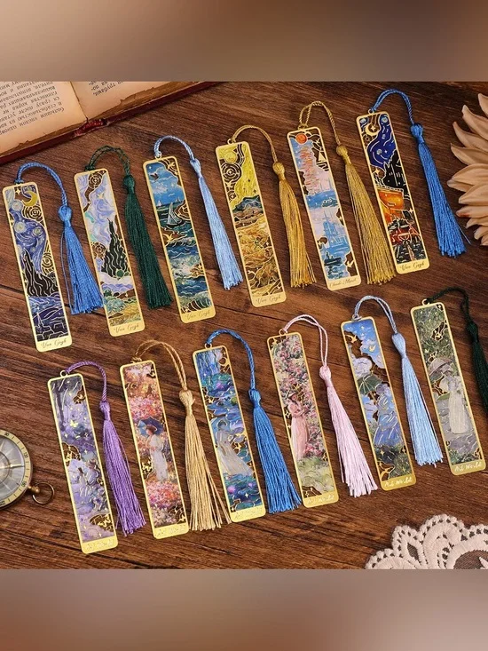 1 Piece Metal Bookmark with Tassel, Golden Hollow Bookmark Oil Painting Theme