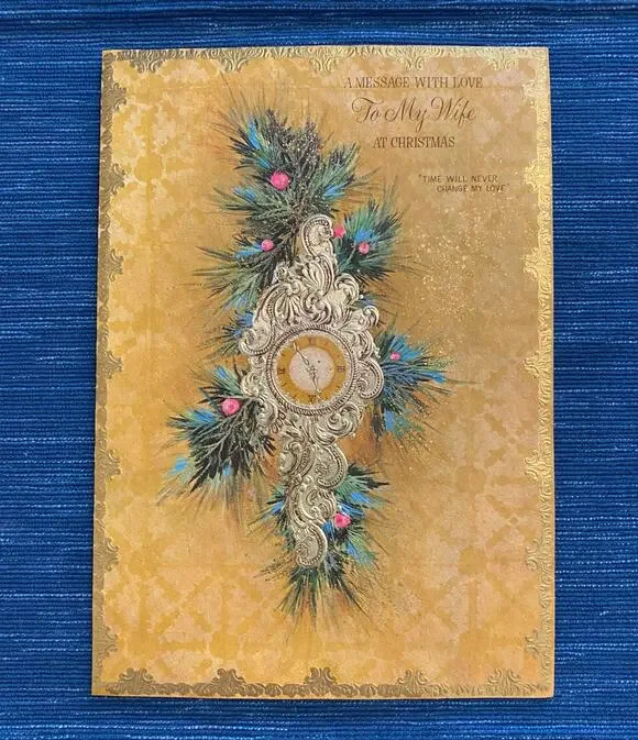 Vintage Unused Hallmark Christmas Card To My Wife Gold Clock Retro 72B