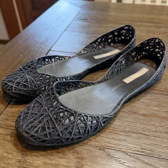 Melissa + Campana Papel Black Glitter Jelly Flat Shoes Womens Size 10 Brazil