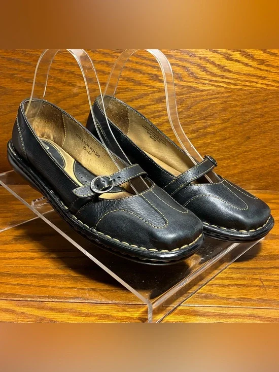 VTG 90s Y2K Born Leather Mary Jane Contrast Stitch Square Toe Flats Black Size 6
