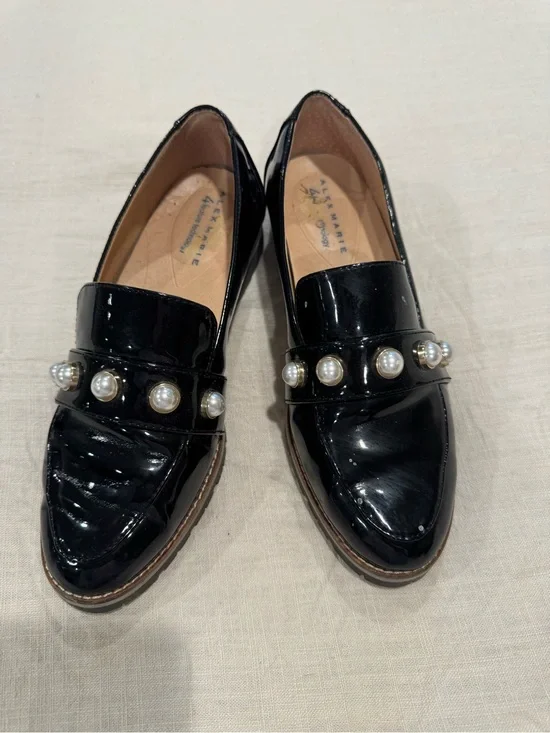 Alex Marie Black Patent Loafers with Pearl Accents