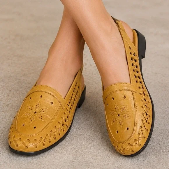 Paces Jen Women's 10W Tan Leather Woven Slingback Loafers Floral Perforated Boho