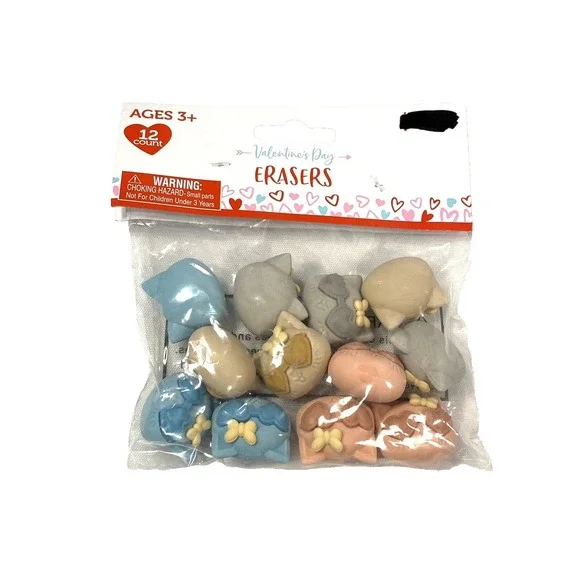 12‎ count valentines day kids school erasers CATS pink blue grey brown
