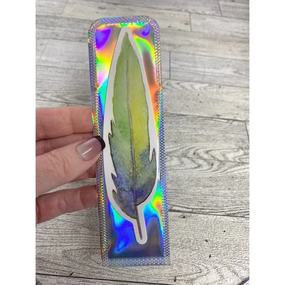 Watercolor Image Bird Feather Green Yellow Die Cut Bookmark Holographic Sleeve